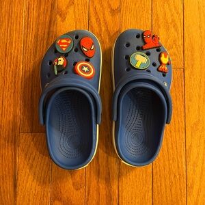 CROCS Kids Navy Blue Clog Sandals with Superhero Charms